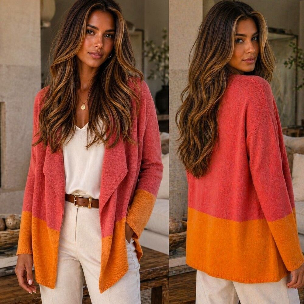 J.Jill Elevated Casual Cardigan Petite S Waterfall Chic Open Front Pink Orange